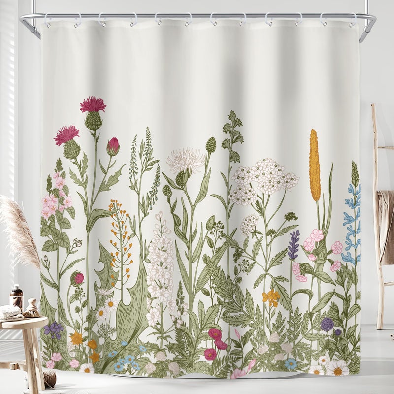 Riyidecor 72Wx84H Inch Extra Long Shower Curtain for Bathroom Decor Wildflower Flower Floral Vintage Botanical Accessories Herbs Plant Bathroom Set Windows Fabric Polyester Waterproof 12 Pack Hooks - Image 1